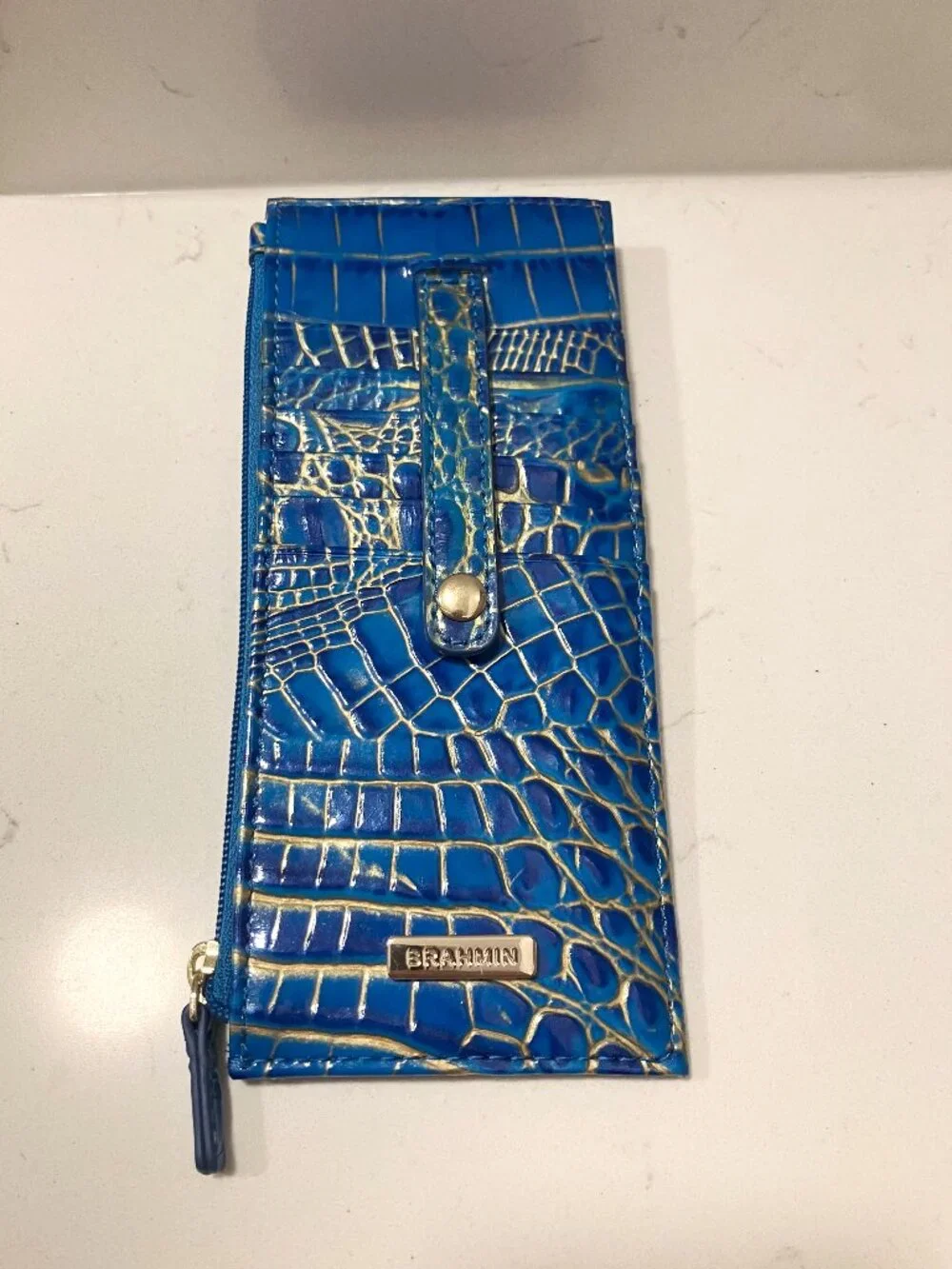 Brahmin Credit Card Wallet Blue Gold Croc Embossed Melbourne Leather Slim ID